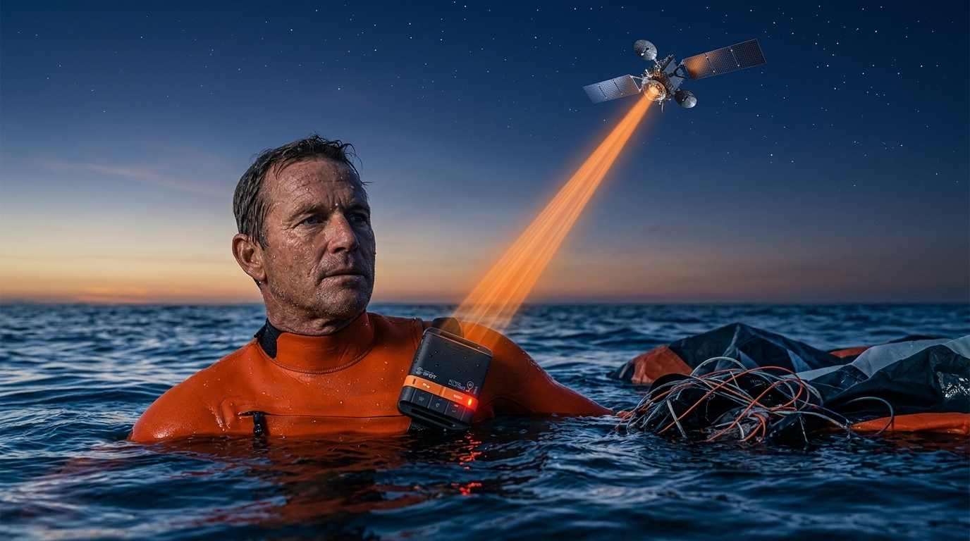 Velejador na água à noite, com o rastreador KiteGuard enviando sinal para um satélite